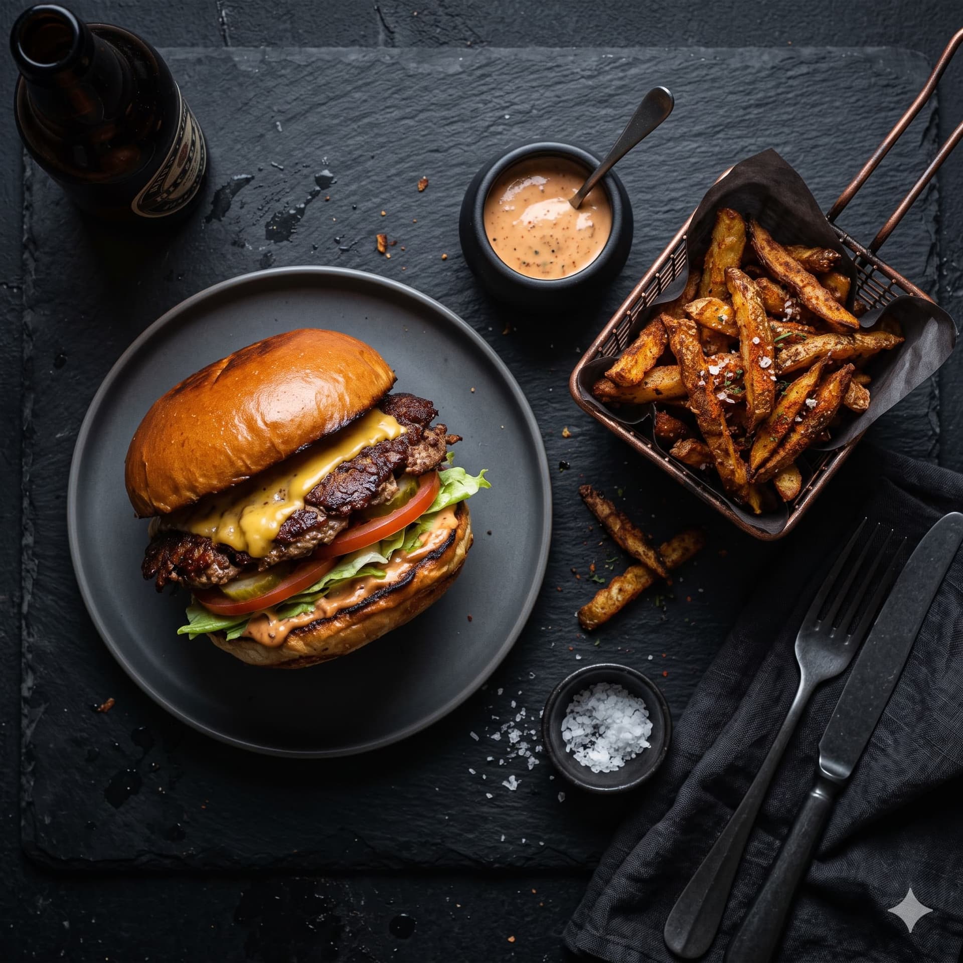 SMASH·CO smash burger and fries flat-lay on dark slate