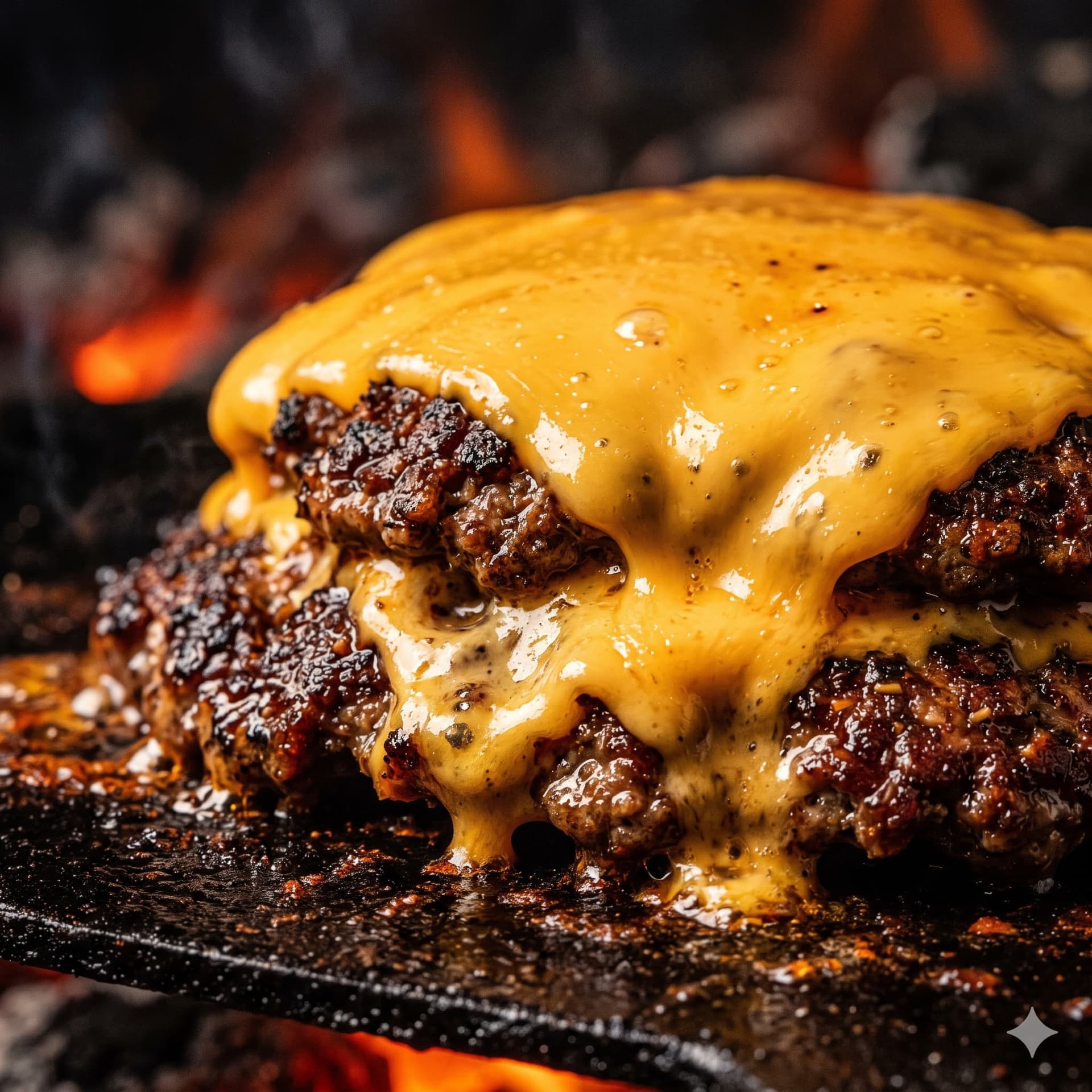 Melted American cheese draping over a smashed beef patty