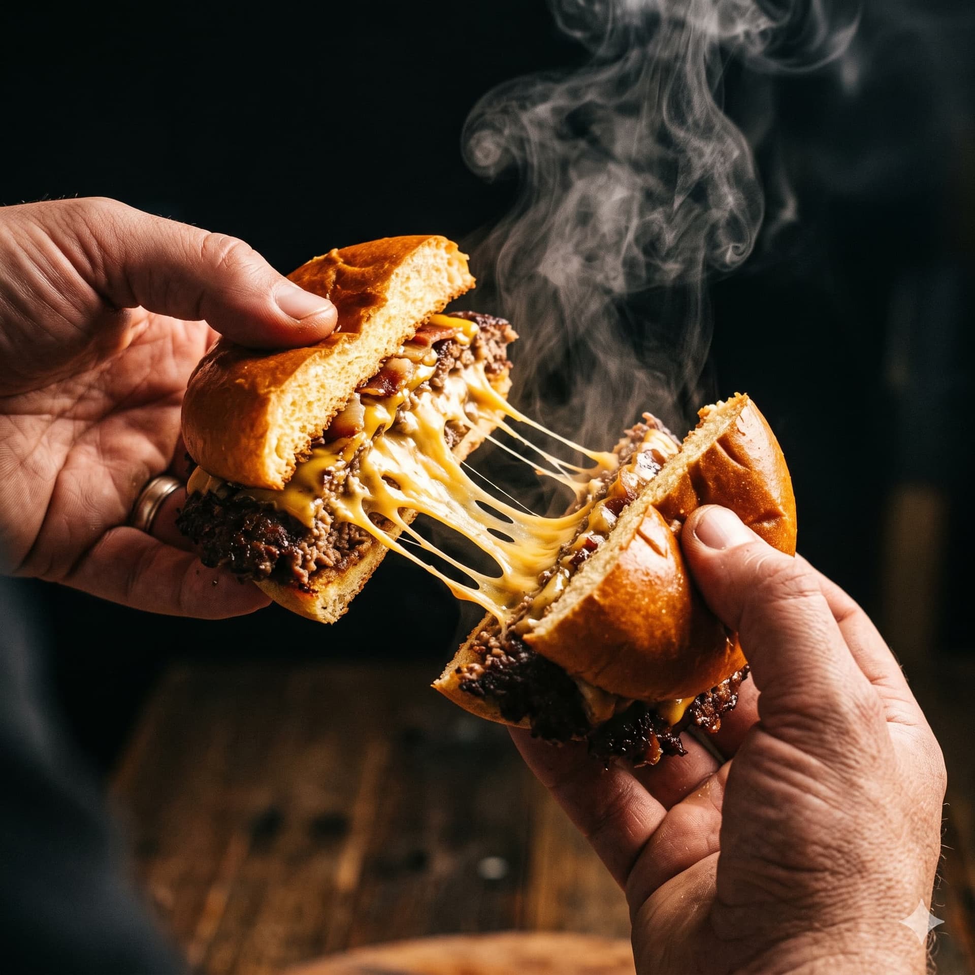 Cheese pull smash burger being pulled apart, steam rising