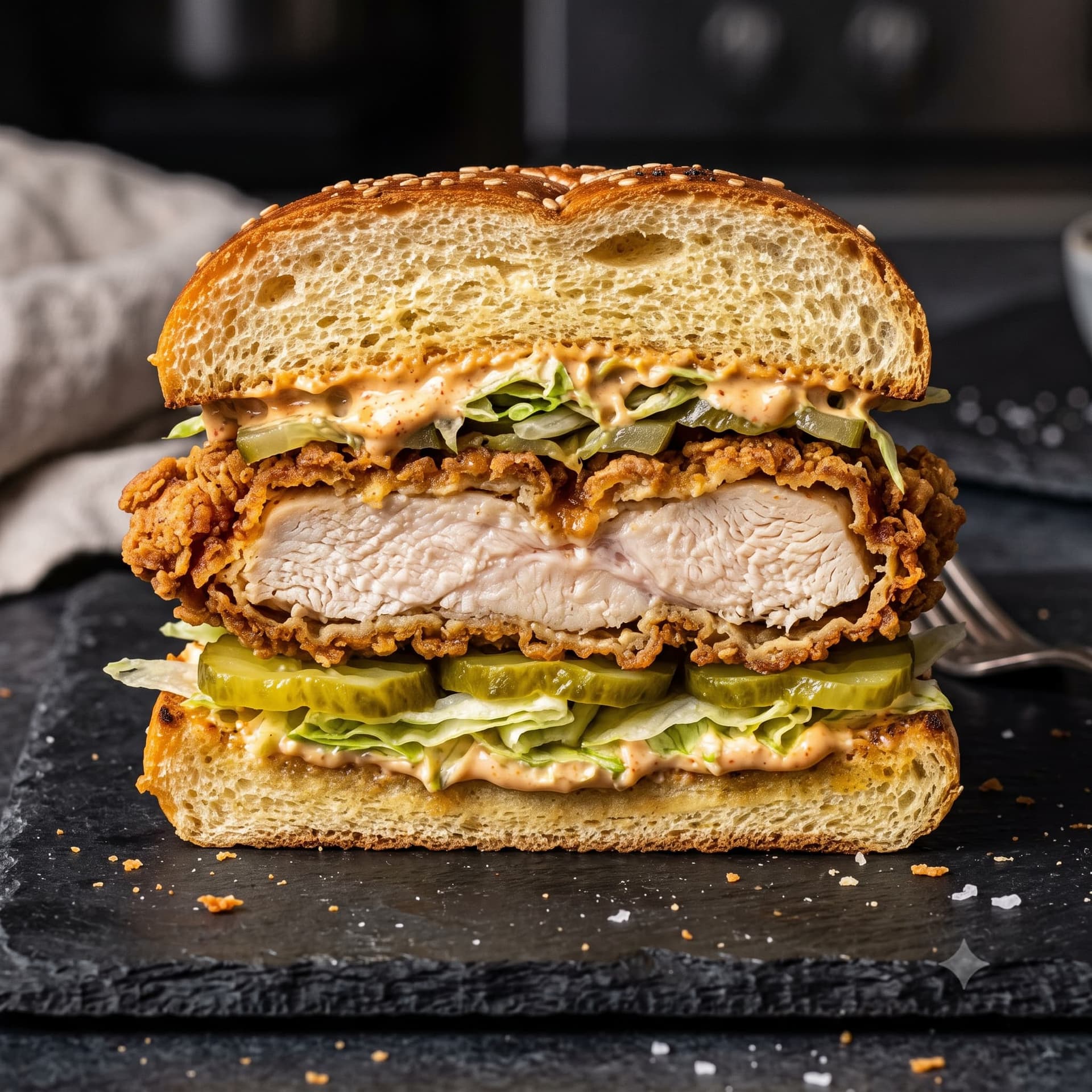 SMASH·CO crispy chicken sandwich cross-section showing layers