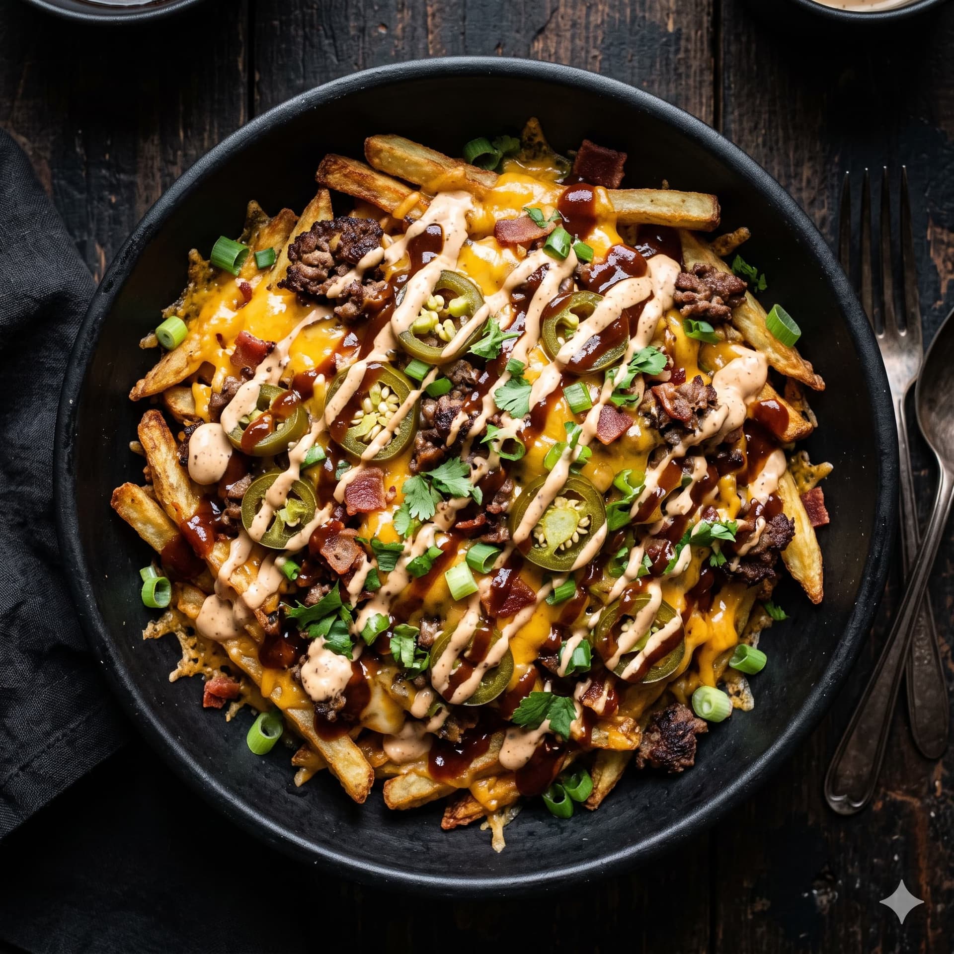 Loaded smash fries with melted cheddar and jalapeños